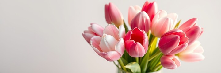 Fototapeta premium Tulips in soft tones with a cheerful mood arranged in a vase against a neutral background