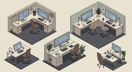 Naklejka premium Isometric illustrations of workspace setups with modern furniture and devices