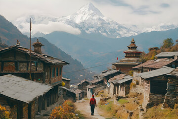 Himalayan village trek, snow peak backdrop, autumn