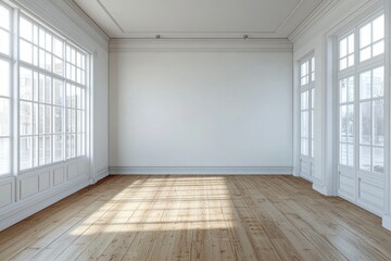 Obraz premium Sunlit empty room with hardwood floor, white walls, and large windows.