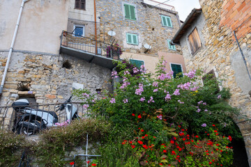 Colourful view on Italian Riviera and blue Mediterranean Sea from French-Italian border in Grimaldi...