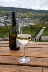 Glasses of white dry riesling wine made on Moselle river valley in Germany or Luxembourg, view on terraced vineyards