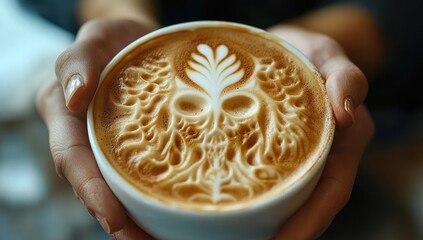 Hands holding skull latte art coffee in cafe