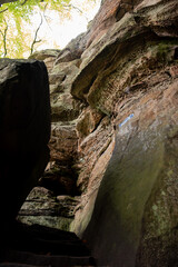 Scenic diversity of Mullerthal, Luxembourg's Little Switzerland, hiking routes, rock formations, moss-covered forests, tourist destination in Europe