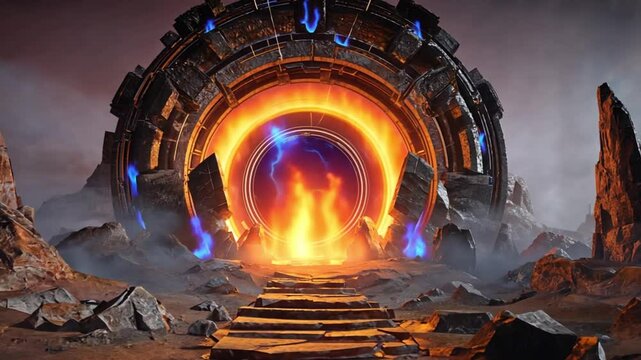 A glowing ancient portal radiates fiery energy in a desolate rocky landscape. Concept of time travel, interdimensional gateway, and science fiction adventure.