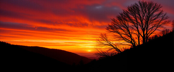Obraz premium Bare tree silhouettes against a dramatic sunset sky with vibrant orange and purple hues, standing majestically on a hillside