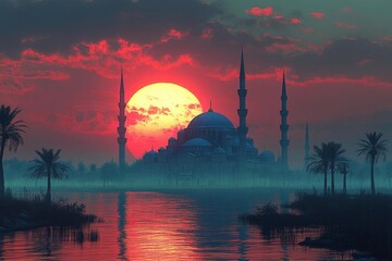 Red Sunset Over Mosque Silhouette