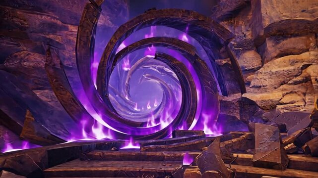 A swirling purple energy portal illuminates the rocky cave with glowing mystical light. Concept of science fiction fantasy, interdimensional travel, and supernatural mystery.