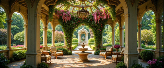 Fototapeta premium Tranquil garden pavilion adorned with vibrant flowers creating a serene atmosphere, featuring an elegant fountain at its center surrounded by lush greenery