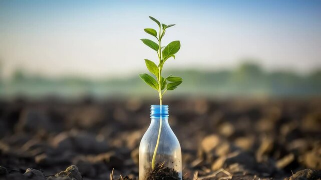 Young green plant growing in plastic bottle on plowed field. Environmental concept for Earth Day, Arbor Day and World Environment Day. Sustainable development and recycling symbol with copy space