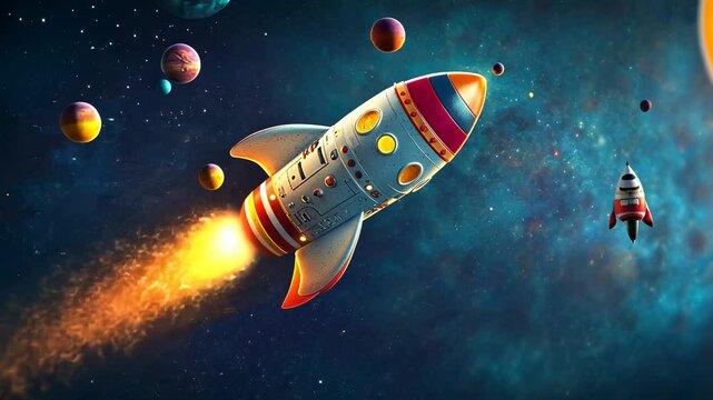 A whimsical rocket ship adventure soaring through a vibrant cosmos, surrounded by planets and stars.