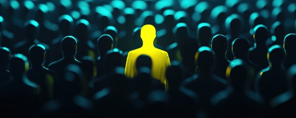 Fototapeta premium An illuminated figure stands out amidst a crowd of shadowy silhouettes, symbolizing individuality and uniqueness.