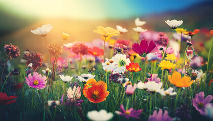 Obraz premium flower, field, blur, a, new, retro, texture, macro, garden, spring, nature, yellow, flowers, landscape, background, blurry, retro, style, summer, orange, plant, blossom, flora, bloom, beauty, photo, 1