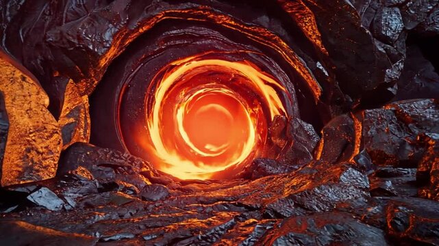 A glowing molten lava vortex swirls inside a rugged rock tunnel, radiating intense heat. Concept of volcanic power, fiery energy, and natural geological forces.