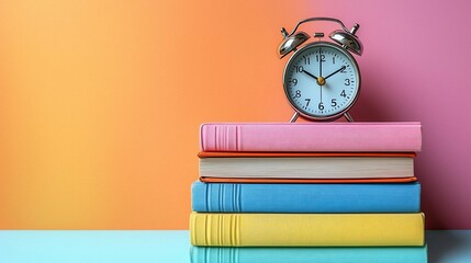 Colorful stack of books with an alarm clock against a gradient background, symbolizing study time