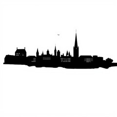 Naklejka premium A dreamy skyline featuring silhouettes of tall buildings in soft blue and pink hues skyline silhouette 