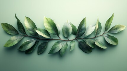 Fototapeta premium Green leaves branch, flatlay, pastel background, nature design