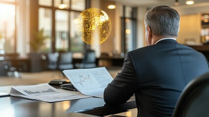 Business Executive Analyzing Financial Reports at a Desk, With a Glowing Digital Globe Hologram Representing Global Data Networks in a Modern Office Setting