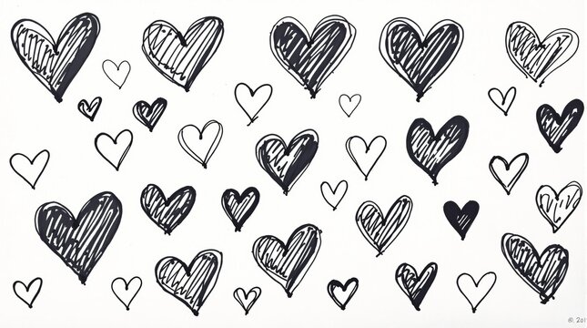 garabatos corazones dibujados a mano con marcador negro o bol&iacute;grafo.