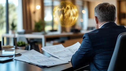 Business Executive Analyzing Financial Reports at a Desk, With a Glowing Digital Globe Hologram Representing Global Data Networks in a Modern Office Setting