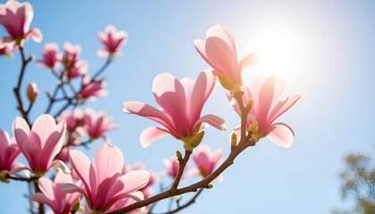 Obraz premium Pink magnolia flowers blooming against a clear blue sky, Magnolia Blossoms, New Blooms