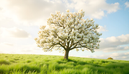 Fototapeta premium Flowering tree in green field under clear sky, Magnolia Blossoms, New Blooms