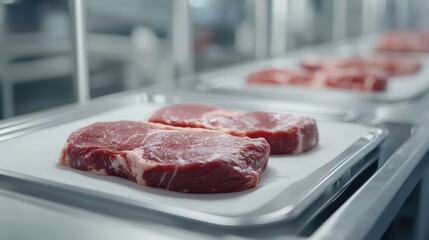 Raw Steaks on Stainless Steel Trays in a Modern Food Processing Plant