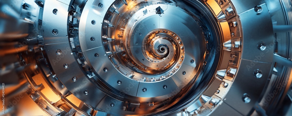 Poster new industrial machine sparkling and radiating in engine room of factory