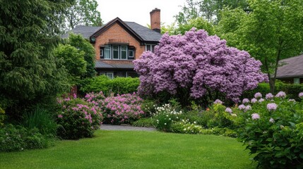 Obraz premium Lush spring garden with blooming lilac trees in front of a brick house