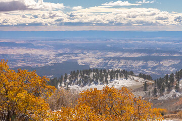 USA, Utah. Snow on Boulder Mountain and autumn aspen trees.