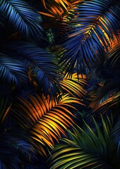 Moody Tropical Foliage with Dramatic Lighting on Palm Leaves in Deep Blue and Warm Orange Tones