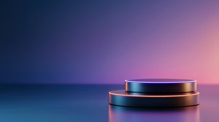 Minimalist display podiums with futuristic neon lights in gradient background perfect for modern tech presentations design with vibrant blue purple hues suitable for product showcase