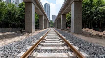 Fototapeta premium City train tracks under construction, urban background