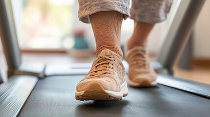 Senior woman walking on treadmill, healthy aging, active lifestyle, fitness for older adults, beige sneakers, gym, indoor workout, close-up view of feet.