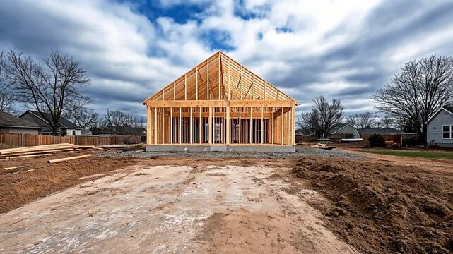 Timlapse of a a wooden-framed house in early construction stages rises on a plot of land surrounded by dirt. Concept of new home building, housing expansion, and architectural progress.
