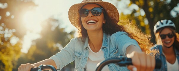 Two friends enjoy a sunny day biking through the city