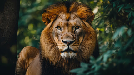 Fototapeta premium Majestic lion portrait surrounded by nature wildlife art vibrant colors close-up animal kingdom concept. Animal Kingdom Inspirations. Illustration