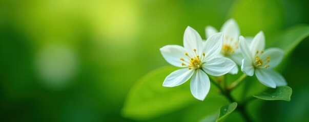 Obraz premium Delicate white jasmine blossoms, lush green foliage , background, jasmine