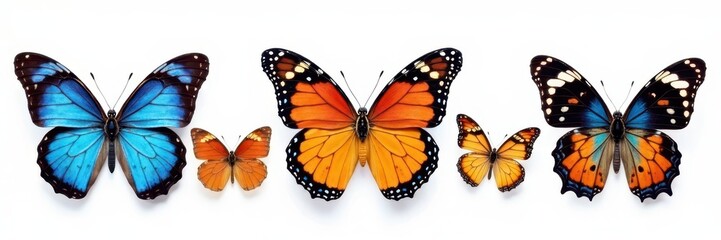 Obraz premium Several butterflies, diverse colors & sizes, cleanly isolated , butterflies, beautiful