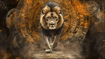 Majestic lion walking with ancient symbols wildlife sanctuary digital art natural environment close-up animal symbolism. Animal Kingdom Inspirations. Illustration