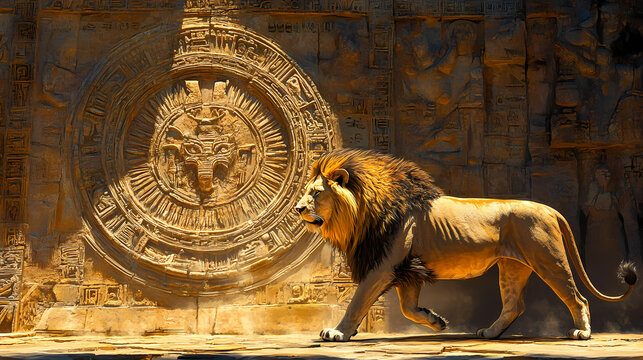 Majestic lion walking with ancient symbols wildlife sanctuary digital art natural environment close-up animal symbolism. Animal Kingdom Inspirations. Illustration