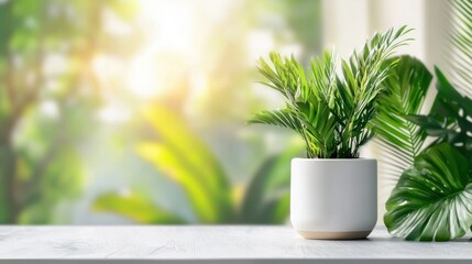 Indoor plant in white pot on bright wooden table with blurred greenery in background vibrant natural colors for modern home decor design and relaxation by sunny window, display or product showcase