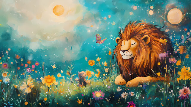 Whimsical encounter lion and friends sharing stories in a colorful meadow fantasy art playful animal kingdom. Animal Kingdom Inspirations. Illustration