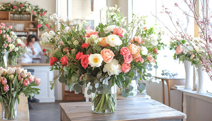 Fototapeta premium Many different colors on the stand or wooden table in the flower shop. Showcase. Background of mix of flowers. Beautiful flowers for catalog or online store. Floral shop and delivery concept