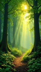 Golden sunlight shafts pierce emerald canopy, dappled forest floor , magical, ecology