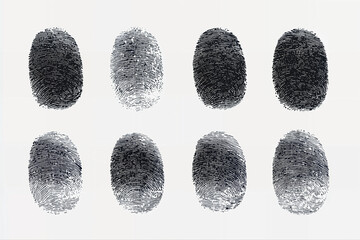 Set of fingerprints of various types isolated on white background. Traces of friction ridges of human fingers. Method of forensic science, person's identification.