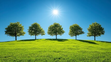 Fototapeta premium Lush Green Hill with Trees Under a Clear Blue Sky and Sunlight