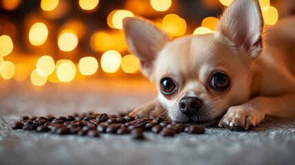 Cute Chihuahua Lying on Coffee Beans with Warm Bokeh Background