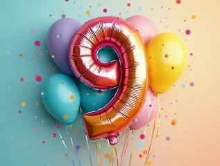 Colorful balloons forming the number nine for a ninth birthday celebration