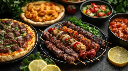 Fototapeta premium Grilled Skewers with Fresh Ingredients and Accompanying Dishes
